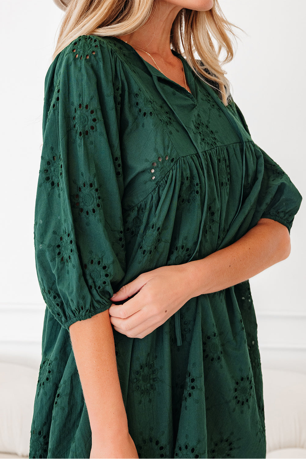 Blackish Green Eyelet Embroidered Swing Dress Puff Sleeve Dear-Lover Dropshipping